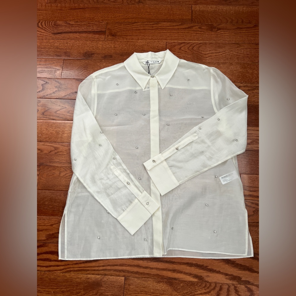 NWT!! Zara Oyster White Ecru Semi Sheer Shirt Blouse With Jewels Size L - Picture 3 of 14